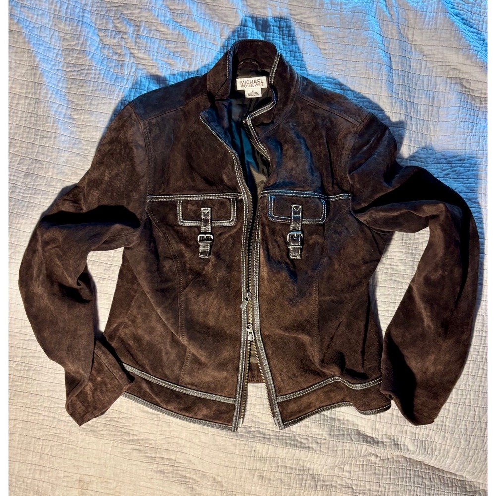 Michael Michael Kors Brown Suede Leather Zip Up Buckle Jacket RN 111818 Mens L